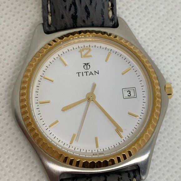 Titan men date silver gold tone wrist watch 36mm round shark leather running - Picture 3 of 8